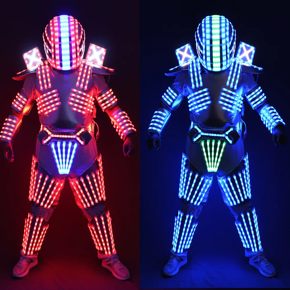 大人のステージパフォーマンスボールルームダンスウェアRGBステージ & ダンスウェア用のルミナススーツヘルメットグローブ付きLEDロボットコスチューム