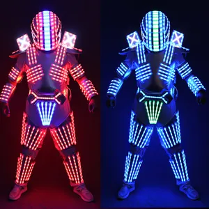 Kostum Robot LED dengan sarung helm setelan bercahaya untuk pakaian tari Ballroom kinerja panggung dewasa