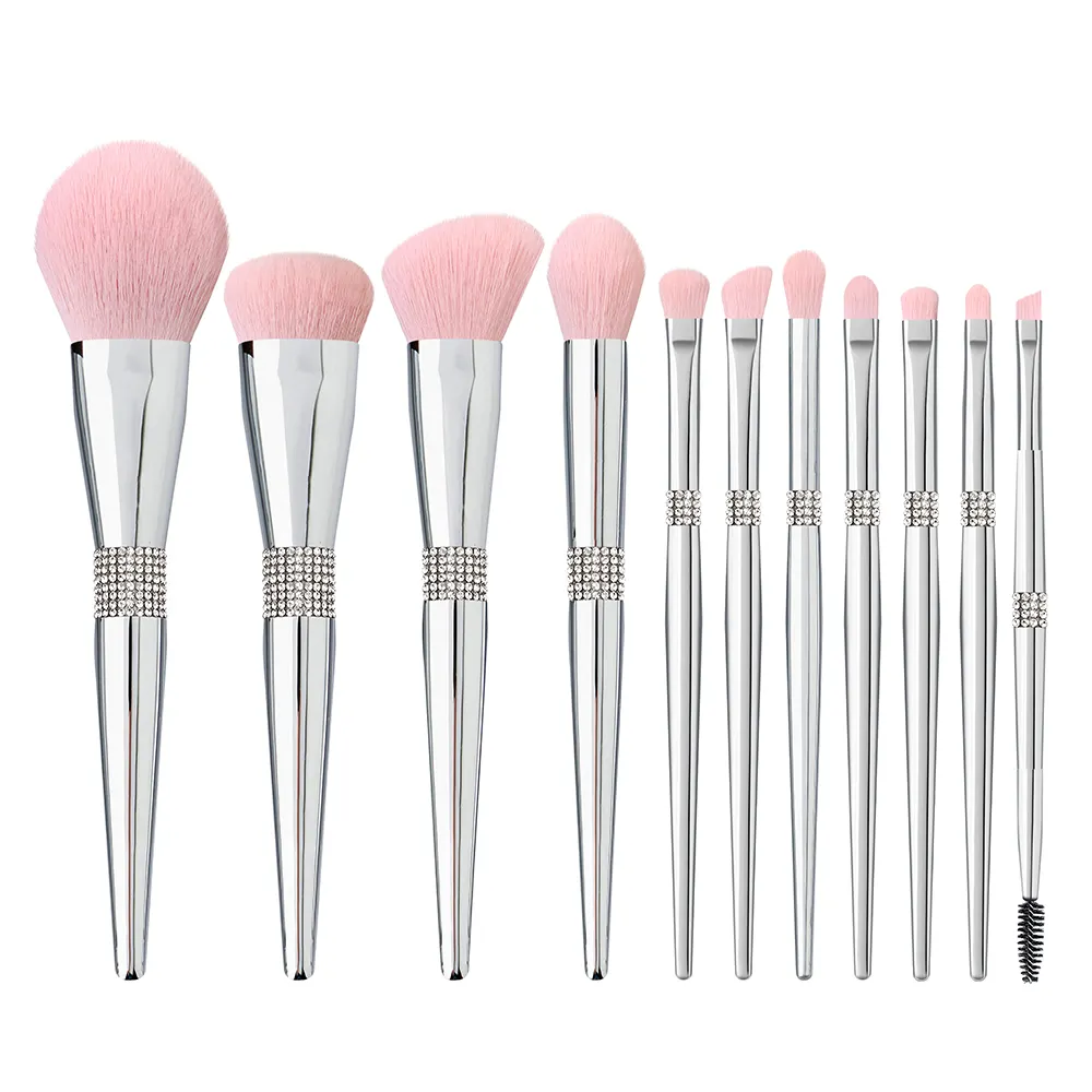 Private Label Glitter Synthetic Cleaner Diamond low MOQ Custom Logo Package Box Pink Bling Silver Luxury Makeup Brushes Set