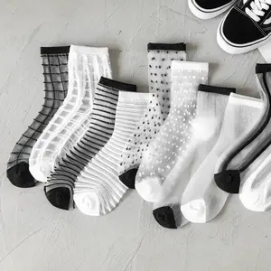 夏季女士袜子丝袜透明水晶丝袜配黑白色蕾丝玻璃袜子
