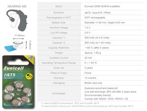 Купить Eunicell 1,4 вольт батареи для слуховых аппаратов 675 A675 - Product Image 3