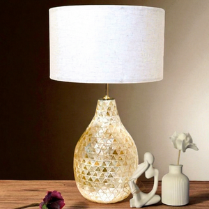 Handmade Electric <b>LED</b> Mother Pearl <b>Table</b> Lamp Artisan Inlaid Shell Design 3500K Warm White Bamboo Base Elegant Home Lighting - Product Image 1