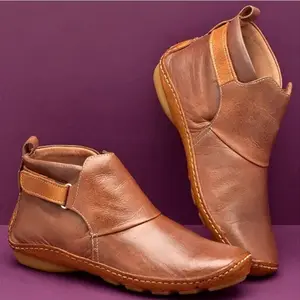 รองเท้าบูทหนังแท้ผ้าฝ้าย2022สำหรับผู้หญิง,รองเท้าบูทวินเทจมีสายคาดสำหรับผู้หญิงรองเท้าส้นเตี้ยสไตล์ย้อนยุคสำหรับฤดูหนาว