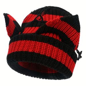 Arrival Hot Selling Halloween Festival Stylish Thick Striped Pattern Winter Warm Beanie Hat with Devil Ears for Travel - Product Image 1