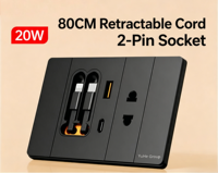 Prise murale en aluminium YuHe Group, 1 prise brésilienne, 1 USB-C, 1 USB-A, câble rétractable de 80 cm, Smart Life, 10A, haute puissance, charge rapide