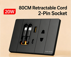 Tomacorriente de Pared de Aluminio YuHe Group con 1 Enchufe Brasileño, 1 USB-C, 1 USB-A, Cable Retráctil de 80CM, Diseño Minimalista - Product Image 6