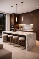 Cuisine moderne en bois Prima avec îlot en marbre pour appartement, villa, hôtel – Design minimaliste, fabrication sur mesure