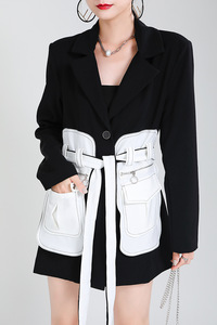 Abrigos y chaquetas para mujer, chaqueta de moda en blanco y negro, abrigo de traje de longitud media ajustado a la cintura nostálgico Retro para mujer - Product Image 6