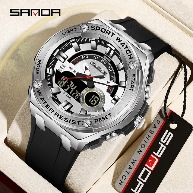 SANDA 3190 Hot Digital Watches Men's Wrist Fashion Business Watch Quartz Analog Dual Display Water Resistant Silicone Belt Clock