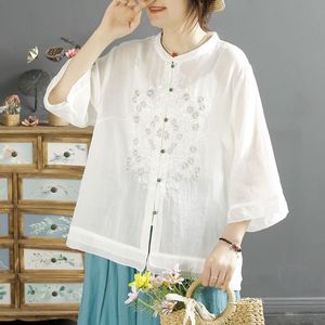 Traditional Chinese Style Embroidered Shirt Top With Stand Up Collar For Women Pink Apricot White Yellow Navy Blue JK331 - Product Image 4
