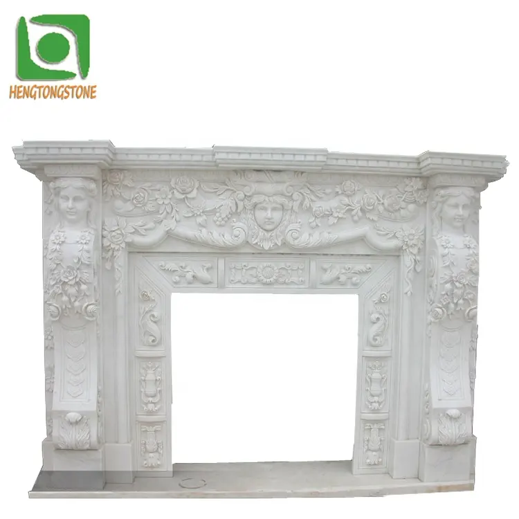家の装飾手彫りの自然な白い大理石のフィギュアの顔と花柄の彫刻暖炉のサラウンド