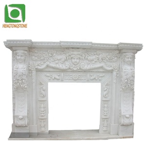 Marco de Chimenea Tallado a Mano en Mármol Blanco Natural con Grabado de Pequeño Ángel y Flores para Decoración de Interiores - Product Image 4