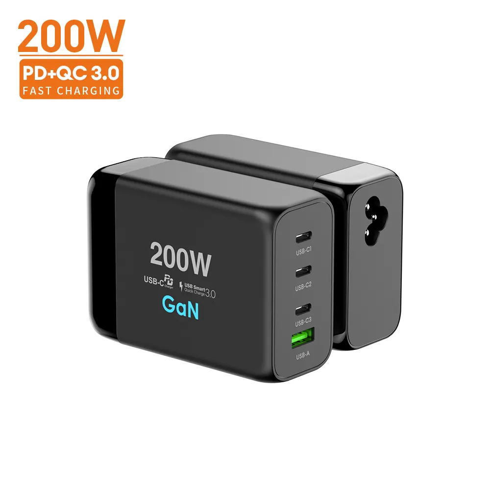 UK Plug GaN Tech 200W QC3.0 + PD3.0 Fast Charging Charger 4 Ports USB-C Power Adapter Wall Charger