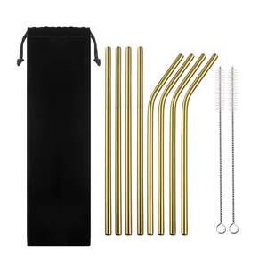 Paille à boire en acier inoxydable avec logo personnalisé réutilisable courbée droite or argent arc-en-ciel noir 30cm avec brosses de nettoyage - Product Image 3