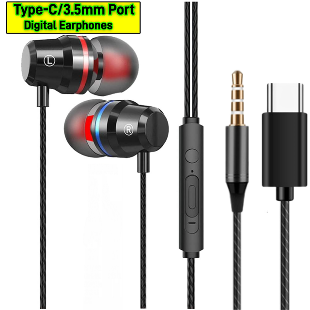 3.5mm & Type-C Digital Wired Earbuds in Ear Headphones with Mic Volume Control Noise Isolation Graphene for Mobile PC