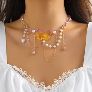 SHIXIN mode arc cristal perle pendentif mignon chérie rose glands collier court scène spectacle bijoux dames fête discothèque