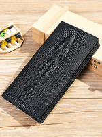 Portefeuille noir à deux volets en cuir véritable pleine fleur pour hommes Portefeuille long en cuir texturé crocodile en relief