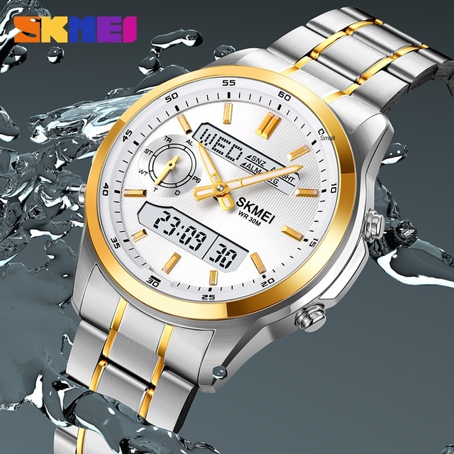 SKMEI 2284 Sport Watch for Men Military-Grade Water-Resistant World Time Function Stainless Steel Strap Dual Display Shockproof