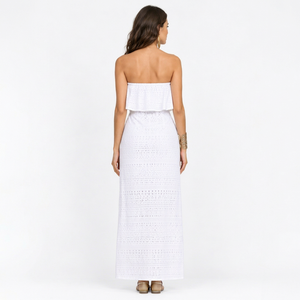 White Eyelet Strapless Two Piece Women <b>Set</b> Ruffle Crop <b>Top</b> <b>and</b> High Waist Maxi <b>Skirt</b> Beach Party Dress - Product Image 1