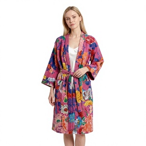 Kimono Kantha de Algodón de Alta Calidad con Diseño Vintage, Hecho a Mano, con Parches, Largo, Floral, Transpirable, con Cuello en V, para Mujer, Verano - Product Image 1