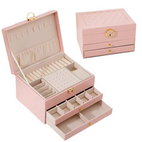 Boîte à bijoux en cuir PU à 3 couches avec tiroirs, boîte de rangement pour bijoux noire matelassée pour bagues, colliers, boucles d'oreilles, montres