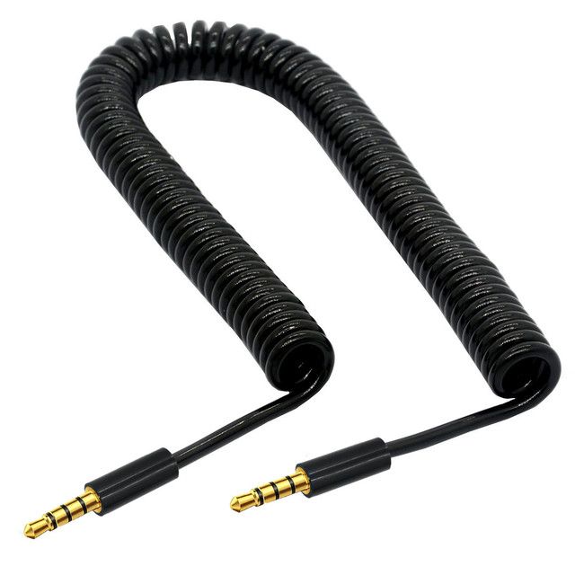 Coiled Stereo Audio Cable 90 Degree Right Angle 3.5mm Male to Male Jack 4 Pole TRRS Extension Aux Audio Coiled Spiral Cable
