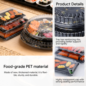 Plateaux à sushi personnalisés de 12,6 pouces en PET de qualité alimentaire pour la marque XF-sushi, avec logo et forme sur mesure, grand conteneur de présentation avec couvercle blister - Product Image 3