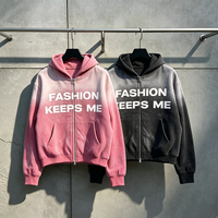 Sweat à capuche zippé pour homme, dégradé rose, avec imprimé slogan, poche kangourou, coupe oversize, style streetwear vintage, veste décontractée