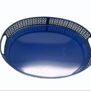 Plateau de service en métal bleu avec poignées métalliques, design géométrique en treillis fait main, multifonctionnel pour la cuisine et la salle à manger, pour le Ramadan et Diwali - Product Image 1