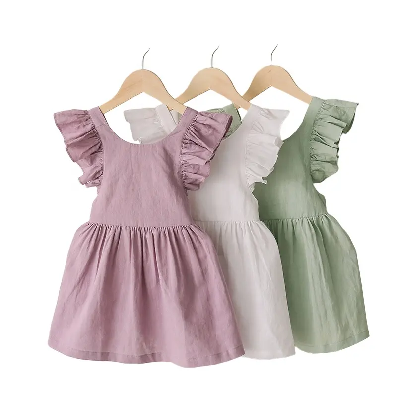 2022 factory hot selling summer dresses for kids big girls flutter linen cotton new design casual plain Girls dresses online