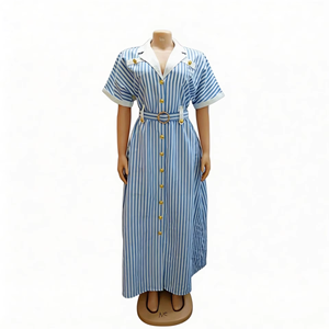Abito lungo estivo a righe con colletto a risvolto, <span class=keywords><strong>maniche</strong></span> regolari, linea ad A, vita morbida, design casual color block, taglie forti da donna - Product Image 4