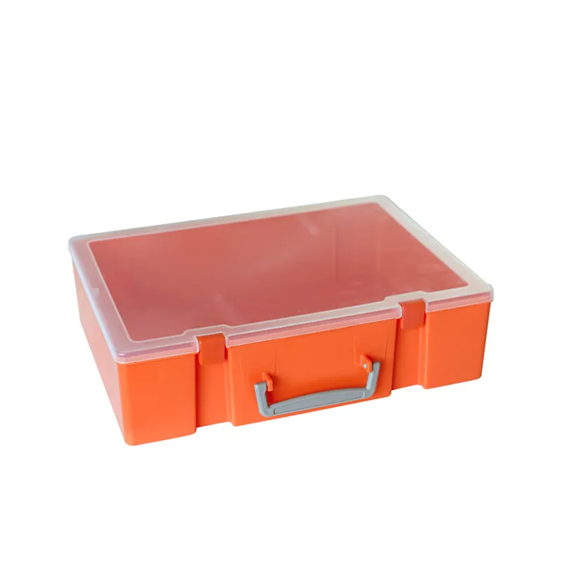 Пластиковая прозрачная прямоугольная пустая коробка с большой емкостью, оранжевая прямоугольная большая полипропиленовая коробка с откидной крышкой