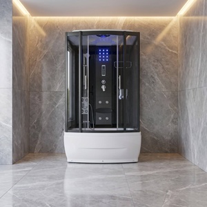 Cabine <span class=keywords><strong>de</strong></span> <span class=keywords><strong>douche</strong></span> à vapeur moderne <span class=keywords><strong>de</strong></span> luxe <span class=keywords><strong>en</strong></span> aluminium noir avec glissières <span class=keywords><strong>en</strong></span> verre trempé, LED, hydromassage et baignoire intégrée - Product Image 2
