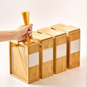 Caja de almacenamiento de bambú cuadrada con tapa hermética abatible para pasta, granos, cereales, contenedor de alimentos de 8 cm de altura con ventana transparente - Product Image 1