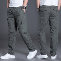 Celana Kargo Pria, Warna Kustom Kancing Ritsleting Kantong Samping Relaks Fit