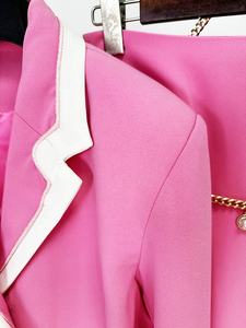 <span class=keywords><strong>Blazer</strong></span> contrastante con cuello en V sexy <span class=keywords><strong>rosa</strong></span> de alta calidad para mujer + falda de longitud media conjunto de moda nuevo conjunto de dos piezas ajustado de viaje - Product Image 6