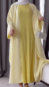 Para Habib islámico mujer abierto Abaya vestido amarillo hasta el tobillo estilo Vintage hecho a mano talla única se adapta verano otoño primavera - Product Image 6