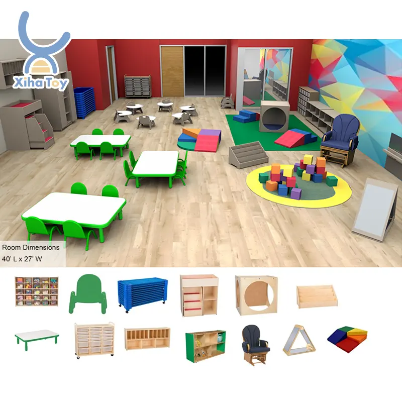 Kid Nhựa Bàn và ghế đặt daycare cot mềm chơi mầm non lưu trữ bằng gỗ tam giác gương mẫu giáo thiết kế nội thất