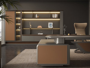 Modern <span class=keywords><strong>L</strong></span> Şeklinde Yönetici Ofis Masası, Depolama Alanlı, <span class=keywords><strong>L</strong></span>üks Gri Metal Deri Patron CEO Masası, Büyük Kavisli Ofis Mobilya Takımı - Product Image 4