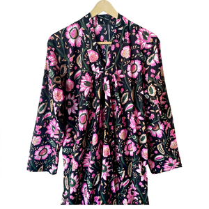 Robe longue décontractée pour femme, best-seller, 100% coton, écologique, faite à la main, pour l'été, la plage, noire, à fleurs, manches longues, col en V - Product Image 1