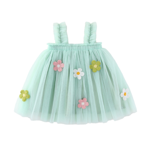 Vestido de Verano para Bebé Niña, Diseño Elegante con Bordado Floral, Cuello Redondo, Sin Mangas, Tirantes, Estilo Tafetán, Largo hasta la Rodilla - Product Image 1