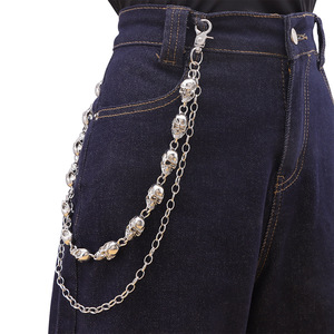 yueliDouble Layer <b>Skull</b> Metal Pants Chain Punk Waist Chain Halloween Accessory Unisex Zinc Alloy Black - Product Image 2