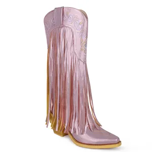 WETKISS Custom Brand Chunky Heel Fancy Pink Knee High Boots Texas Cowgirl Boots Western Long Fringe Cowboy Boots with Tassels