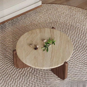 Tavolino da Caffè Rotondo in <span class=keywords><strong>Legno</strong></span> Massello, Tavolino in <span class=keywords><strong>Legno</strong></span> per Soggiorno, Tavolino Nero, Tavolino in Marmo - Product Image 2