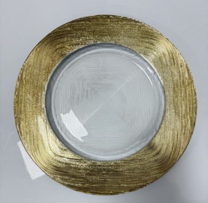 Assiettes de présentation en verre brossé or et argent à bord large, texture gaufrée, assiettes décoratives en verre transparent pour table de mariage, vente en gros - Product Image 1