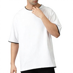 เสื้อยืดโอเวอร์ไซส์สีขาวสำหรับผู้ชาย แขนสั้น แต่งขอบตัดกัน คอกลม ผ้าเจอร์ซีย์ลำลอง 100% ผ้าฝ้าย ดีไซน์เรียบง่าย - Product Image 1