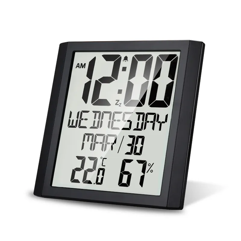 Large font indoor temperature humidity meter table clock display time weekly date with alarm snooze function