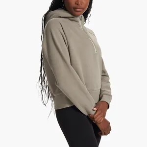 Benutzer definierte Logo Cropped Hoodie Frau Active wear Langarm Tops Half Zip Crop Pullover Sweatshirt Frauen