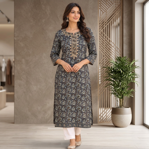Mezcla Perfecta de Elegancia Tradicional y Comodidad Moderna, Vestido Midi de Algodón Tejido Bordado Gris para Mujer, Cintura Holgada, Estampado Floral, para Uso Diario - Product Image 4