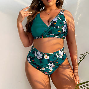 OEM de talla grande Sexy Color sólido estampados cuello en V Cruz arrugas Halter dos piezas Bikini ropa de playa traje de baño mujeres traje de baño de alta cintura - Product Image 1